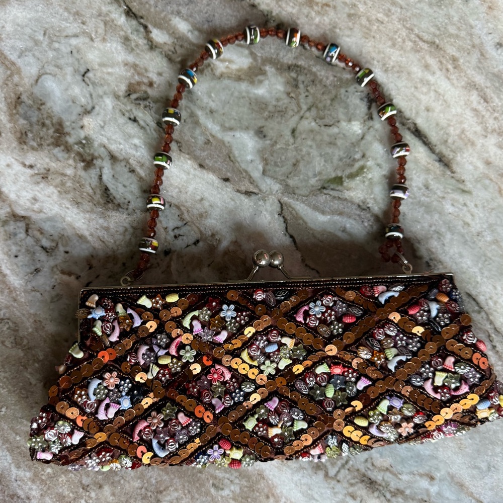 Vintage brown Y2K Beaded Clutch Bag Multicolor Sequin Kisslock Boho Embellished